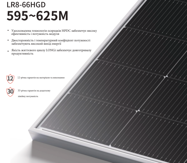 Сонячна батарея LONGi Solar 615 Вт, Hi-MO 7 Bifacial, LR8-66HGD-615M